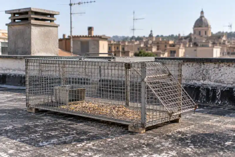 Gabbia trappola con esca appoggiata su un tetto piano