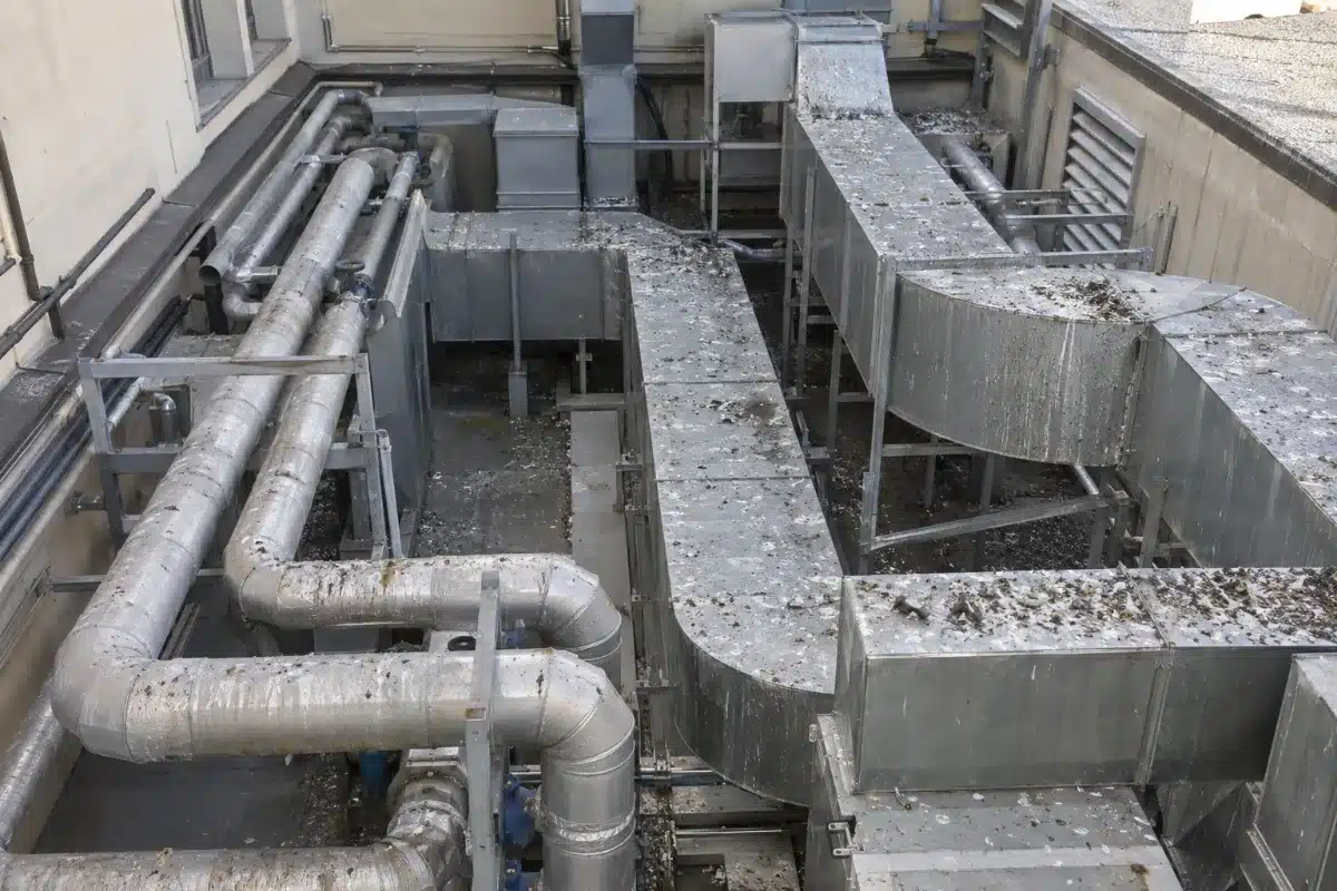 Cavedio tecnico sul tetto di un edificio sanitario con tubazioni coibentate, canali dell’aria in lamiera e guano accumulato sui supporti