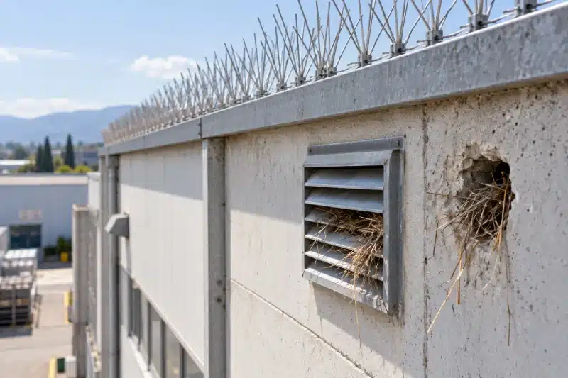 Facciata di capannone con dissuasori nuovi sul bordo ma griglia di aerazione e foro nel muro ancora aperti, con paglia di nido