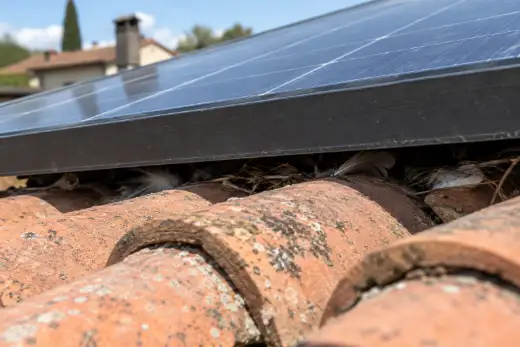 Fessura buia fra il bordo inferiore dei moduli fotovoltaici e i coppi del tetto, con piume e rametti al suo interno