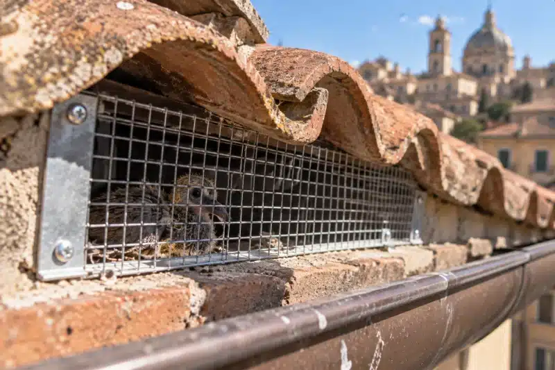 Rete metallica fissata sotto i coppi, con i piccoli di piccione rimasti chiusi dietro