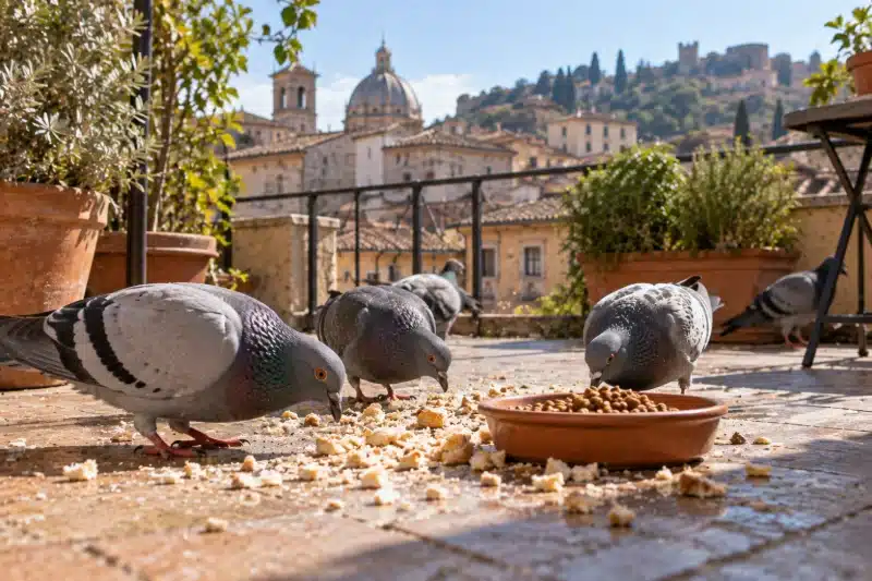 Piccioni che mangiano da una ciotola e dalle briciole lasciate su una terrazza