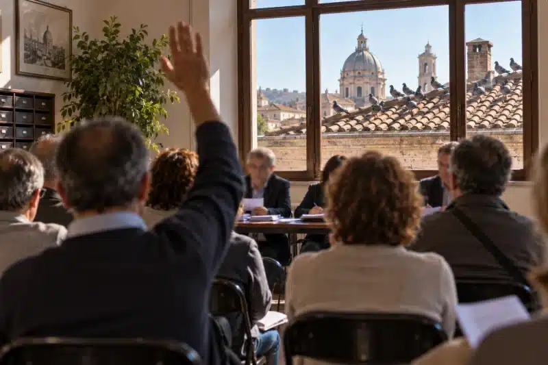 Assemblea di condominio in una sala, con un condomino che alza la mano per intervenire