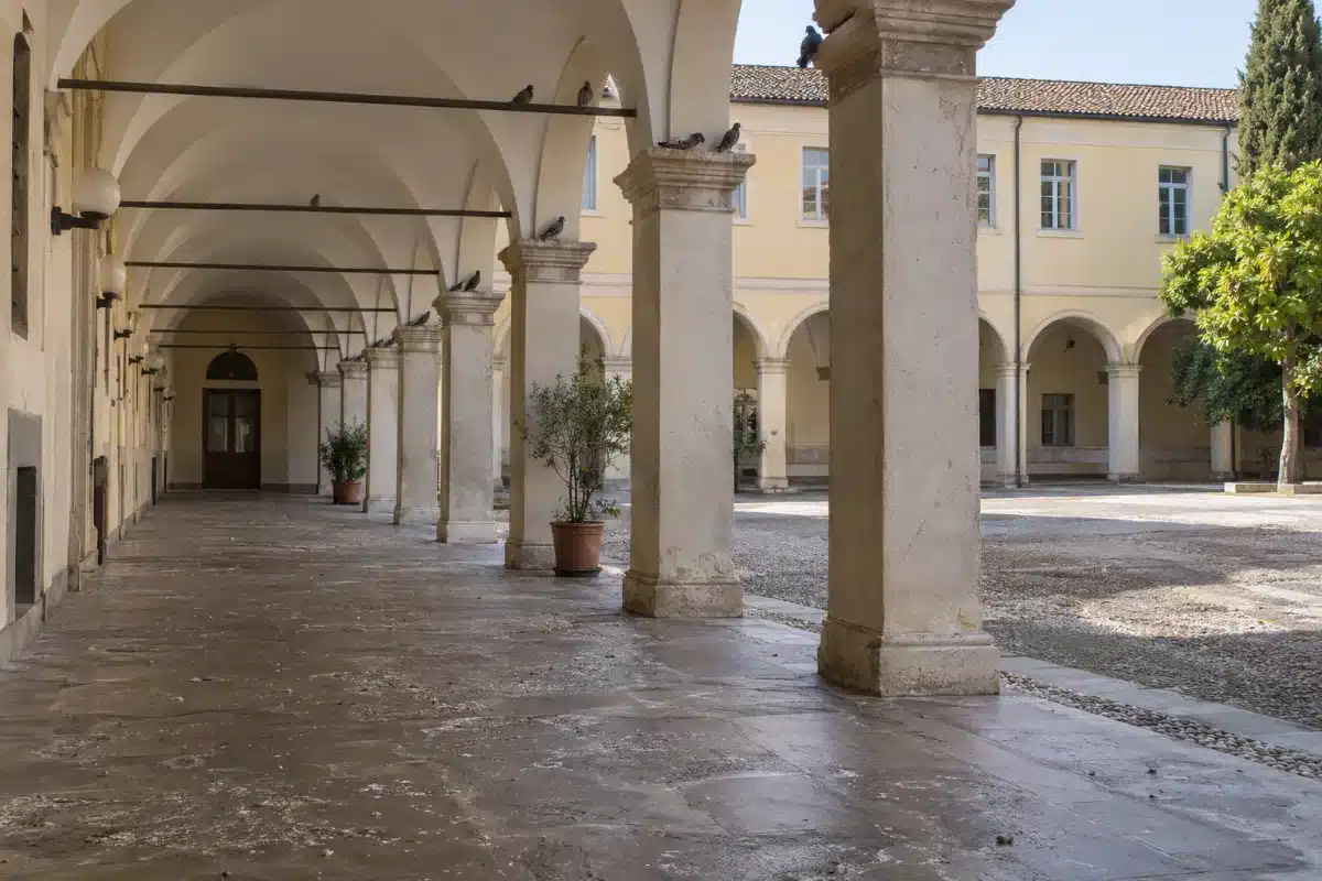 Porticato del cortile di una scuola con alcuni piccioni sulle travi in alto e chiazze di guano sulla pavimentazione sottostante