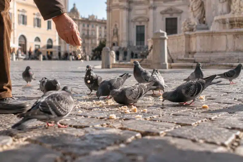 Mano che getta briciole ai piccioni su una piazza lastricata del centro storico