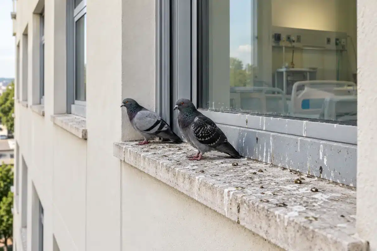 Davanzale esterno in pietra di una finestra di reparto ospedaliero con piccioni posati e guano accumulato sulla pietra e sul serramento
