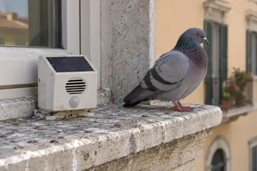 Dispositivo a ultrasuoni con pannellino solare su un davanzale in pietra, con un piccione posato a pochi centimetri