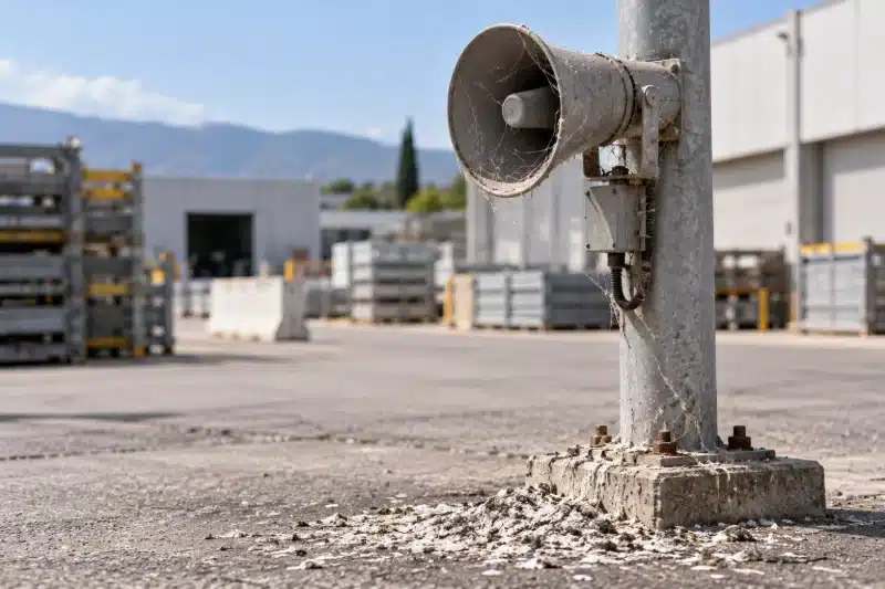 Altoparlante dissuasore impolverato su un palo in un piazzale industriale, con accumulo di guano alla base