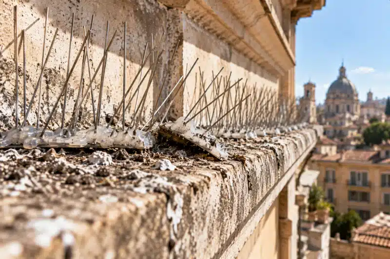 Dissuasori ad aghi incollati su un cornicione ancora coperto di guano, già staccati in un punto