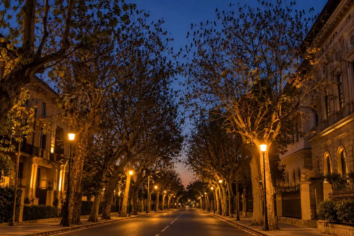 Viale urbano alberato all’imbrunire con le chiome fitte di piccoli uccelli scuri posati sui rami e i lampioni accesi lungo la strada