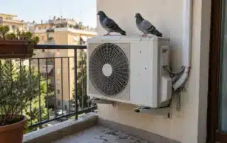 Due piccioni posati sul piano superiore di un condizionatore, unità esterna fissata al muro di un balcone