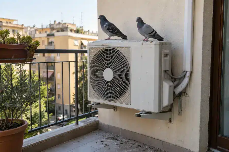 Due piccioni posati sul piano superiore di un condizionatore, unità esterna fissata al muro di un balcone