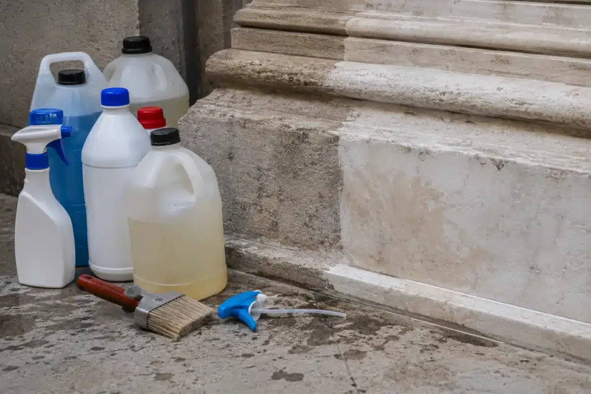 Flaconi e taniche di prodotti detergenti appoggiati sui gradini in pietra di un edificio storico