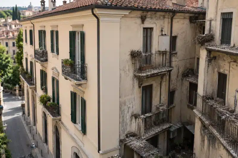 Palazzo con la facciata su strada in ordine e il lato interno scrostato e macchiato