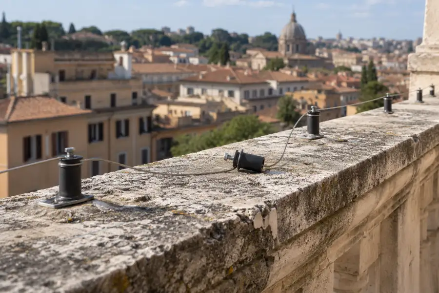 Filo di un sistema a tensione allentato e cadente lungo il bordo di un cornicione