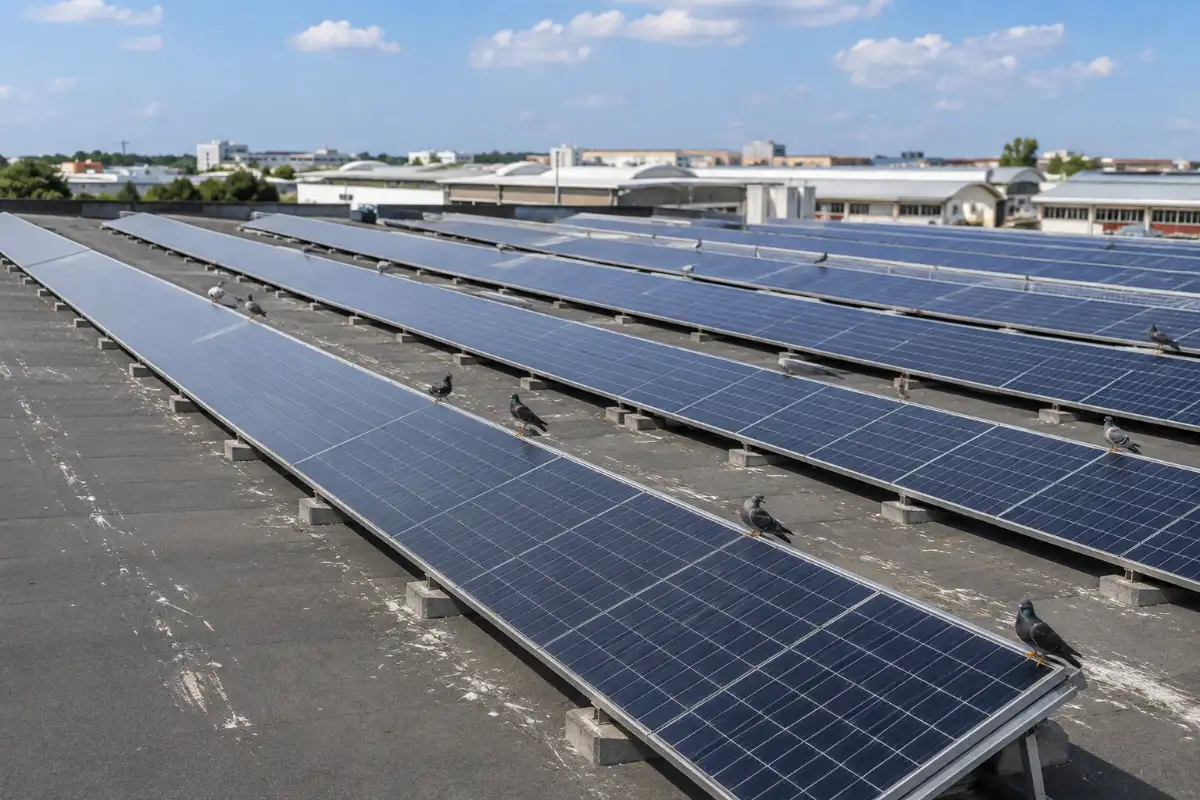 Copertura piana di un capannone industriale con lunghe file di moduli fotovoltaici e piccioni posati sul bordo superiore dei pannelli