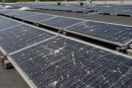 File di moduli fotovoltaici su copertura piana industriale con superfici sporche e macchie di guano