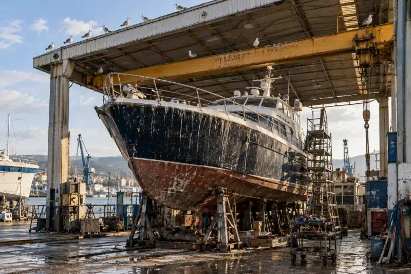 Scafo in secca sotto la tettoia di un cantiere navale, con i gabbiani allineati sul bordo della copertura