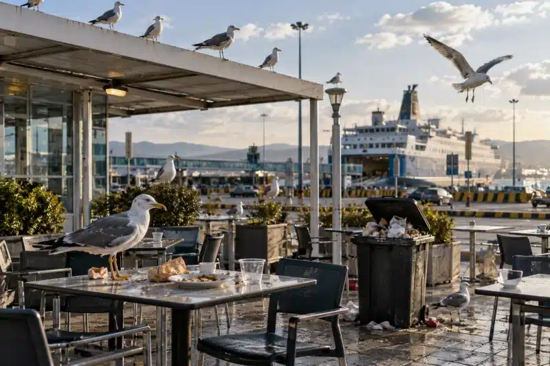 Gabbiani posati sulla pensilina e su un tavolino con resti di cibo nell’area esterna di un terminal traghetti