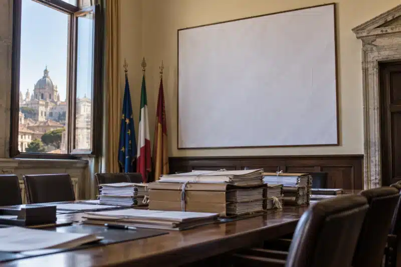 Ufficio comunale con la lavagna bianca vuota e i faldoni sul tavolo