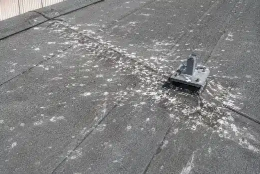 Guaina bituminosa di una copertura piana con estese colate biancastre di escrementi attorno a un fissaggio metallico