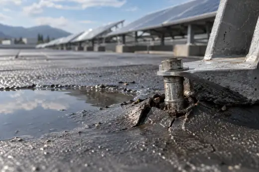 Guaina bituminosa di una copertura piana forata da un tassello, con acqua ristagnante attorno e i pannelli fotovoltaici sullo sfondo