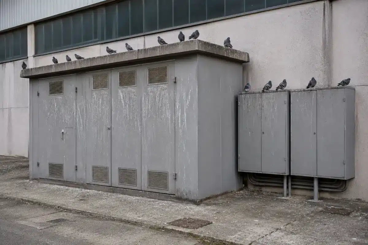 Colombi posati sopra una cabina elettrica e sugli armadi da esterno di un capannone, con colate di escrementi sulle pareti metalliche