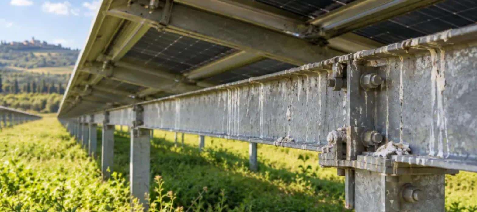 Trave metallica della struttura di sostegno con colature e croste di guano sul profilo e sui bulloni