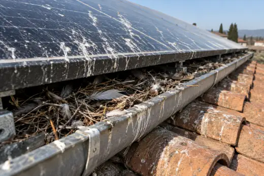 Vetro dei moduli fotovoltaici striato di guano essiccato con la gronda sottostante piena di rametti e paglia