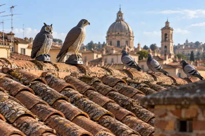 Gufo finto e sagoma di rapace sul tetto, con i piccioni posati a pochi passi