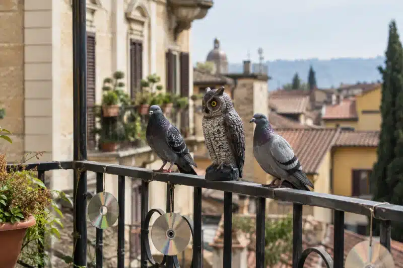 Gufo di plastica e CD appesi alla ringhiera di un balcone, con i piccioni posati accanto