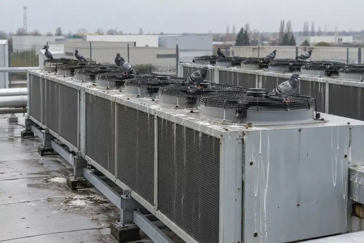 Una decina di piccioni posati sui telai e sulle griglie dei ventilatori di due file di dry cooler, con colature di guano sui pannelli laterali