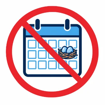 Icona illustrata: calendario da parete con un nido di rametti e due uova su una casella, con il simbolo di divieto