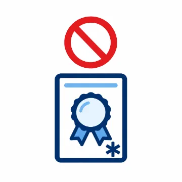 Icona illustrata: certificato di garanzia con sigillo e un asterisco in evidenza, con il simbolo di divieto