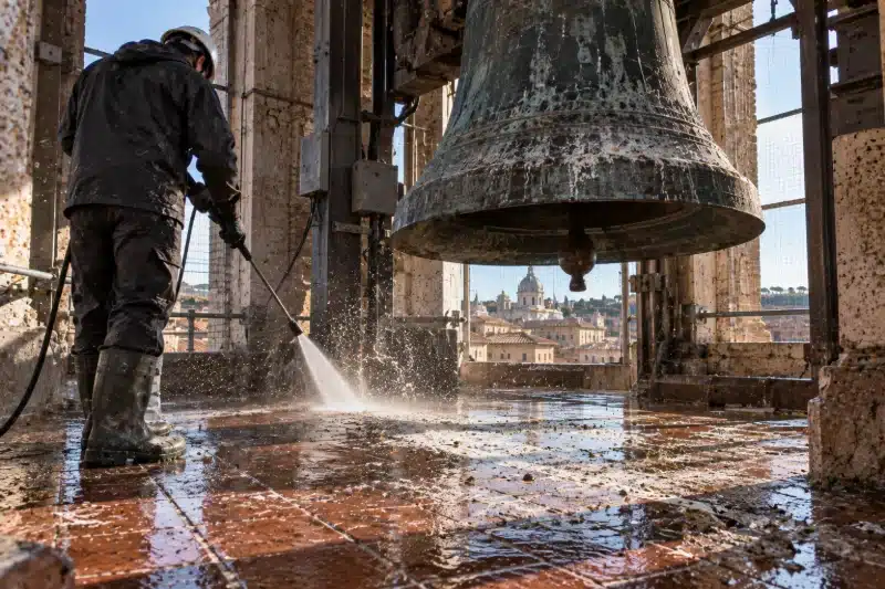 Operatore che lava il guano con l'idropulitrice nella cella campanaria, sotto la campana
