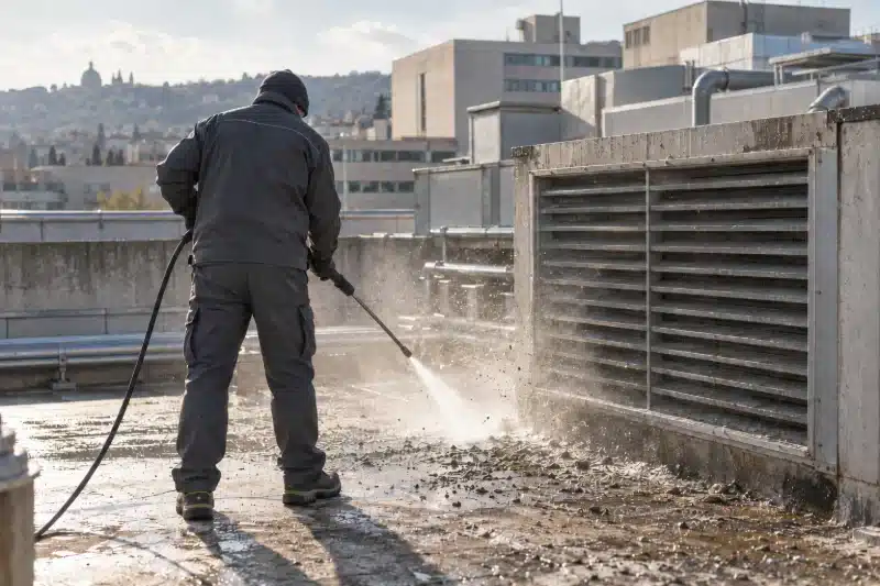 Operatore senza protezioni lava con l'idropulitrice il guano accanto alla griglia di una presa d'aria sul tetto