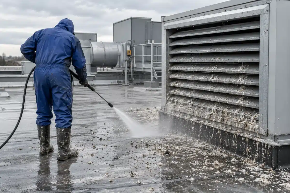 Operatore in tuta blu che usa l’idropulitrice su una copertura piana, con una grande griglia di presa d’aria sporca di guano a pochi metri nella stessa inquadratura
