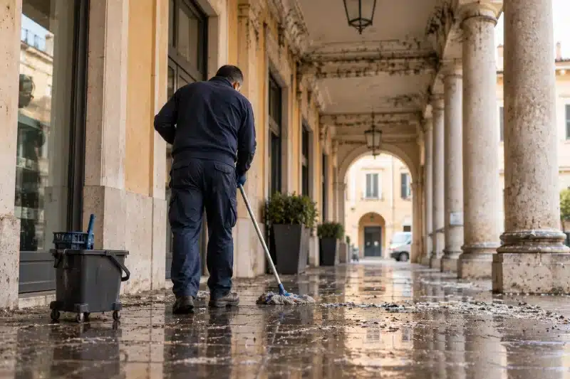 Addetto delle pulizie che lava il pavimento di un porticato mentre sopra cornicioni e capitelli restano senza protezione