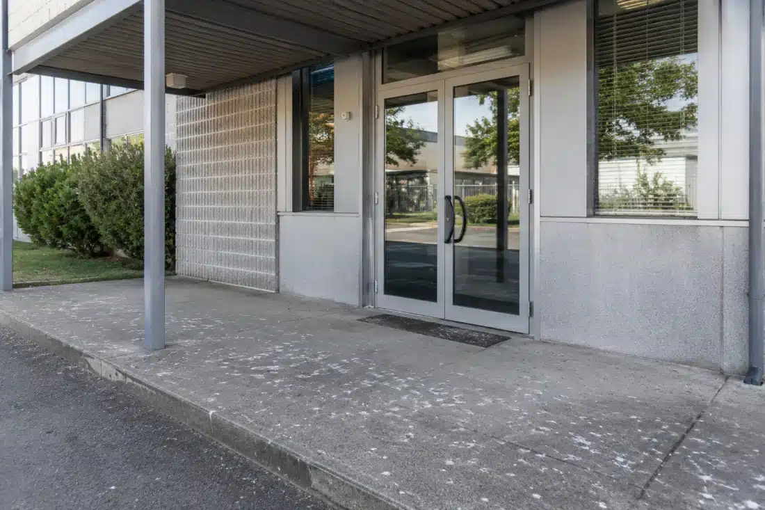 Ingresso pedonale di un’azienda con il marciapiede davanti alla porta imbrattato di guano