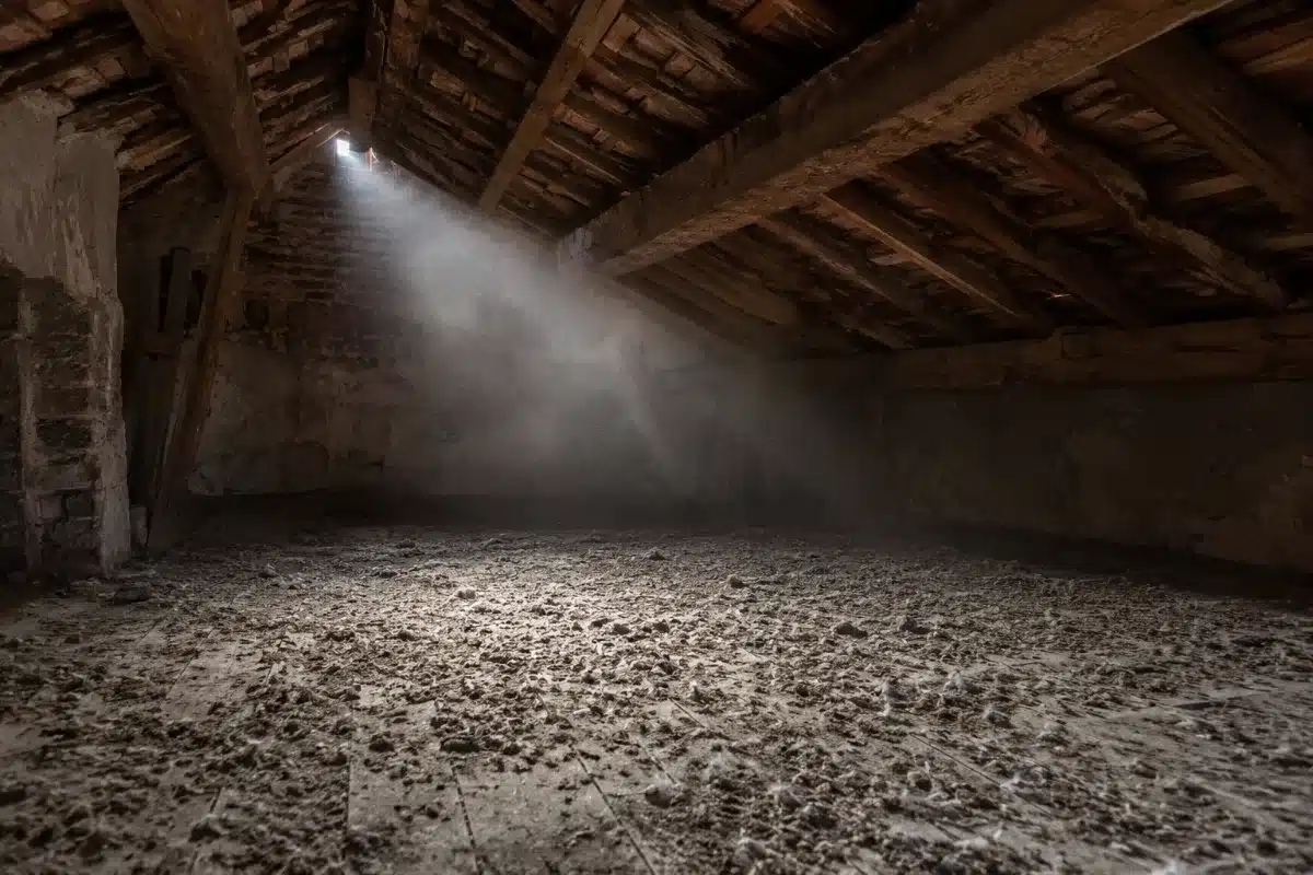 Strato di guano secco e polveroso sull’assito di un sottotetto, illuminato da un fascio di luce che entra da un’apertura