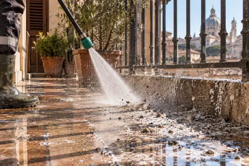 Getto d'acqua a pressione sul guano secco del pavimento di un balcone