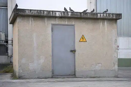 Locale tecnico in muratura con porta metallica chiusa e cartello di pericolo elettrico, con una fila di colombi posati sul bordo del tetto piano