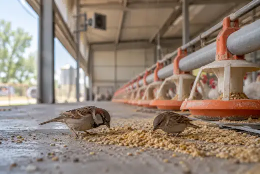 Due passeri beccano mangime caduto a terra sotto la linea di alimentazione di un capannone avicolo