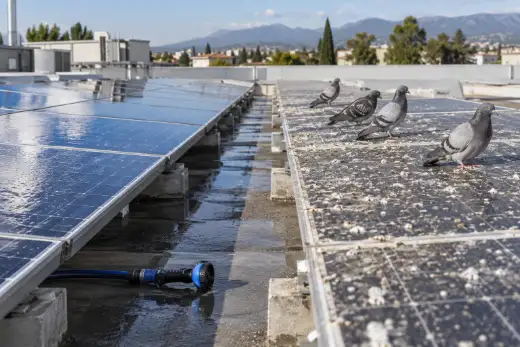 Fila di moduli fotovoltaici appena lavata, con quattro piccioni posati sulla fila accanto ancora sporca di guano