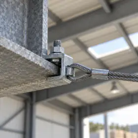 Morsetto metallico serrato sull’ala di una trave in acciaio zincato, con cavo d’acciaio agganciato