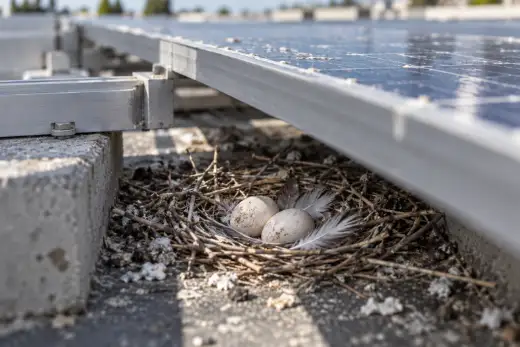 Nido di piccione con due uova costruito nello spazio fra un modulo fotovoltaico e la copertura piana sottostante