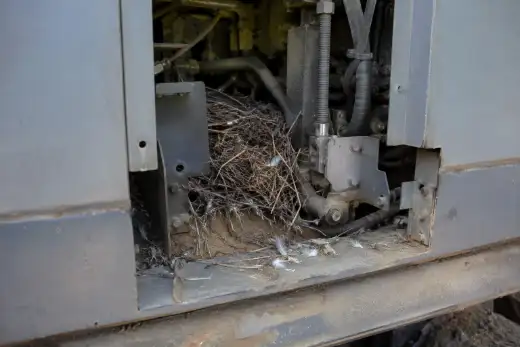 Nido di rametti e materiale secco costruito dentro il vano tecnico di un macchinario industriale