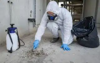 Operatore in tuta monouso bianca con cappuccio, semimaschera respiratoria con filtri, occhiali protettivi e guanti in nitrile mentre rimuove escrementi essiccati da un pavimento in cemento, accanto a un nebulizzatore e a un sacco per la raccolta