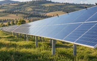 File di moduli fotovoltaici montati su pali in un campo, con quattro uccelli posati sul bordo superiore dei pannelli