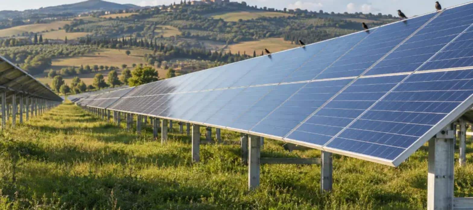 File di moduli fotovoltaici montati su pali in un campo, con alcuni uccelli posati sul bordo superiore dei pannelli